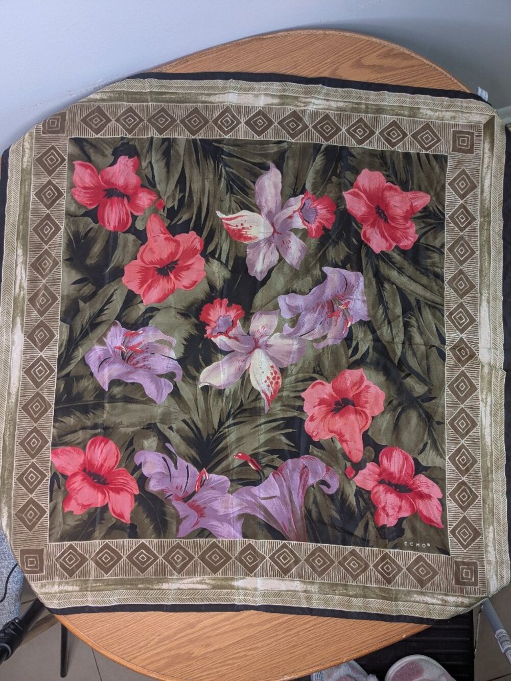 echo 100% silk scarf vintage 90s floral hair neck pink purple 33" x 34.5"
